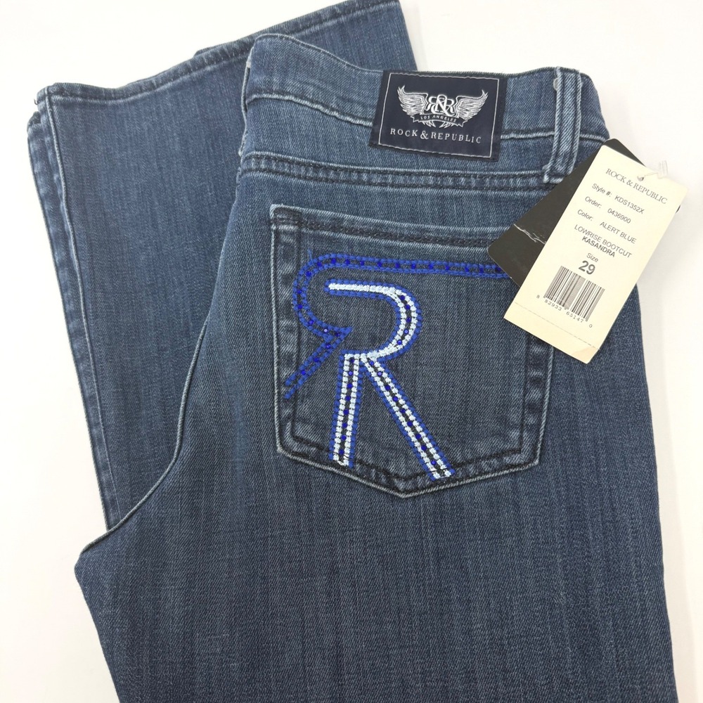 Rock & Republic Kasandra Lowrise Bootcut Jeans Alert Rhinestone Womens 29 NEW